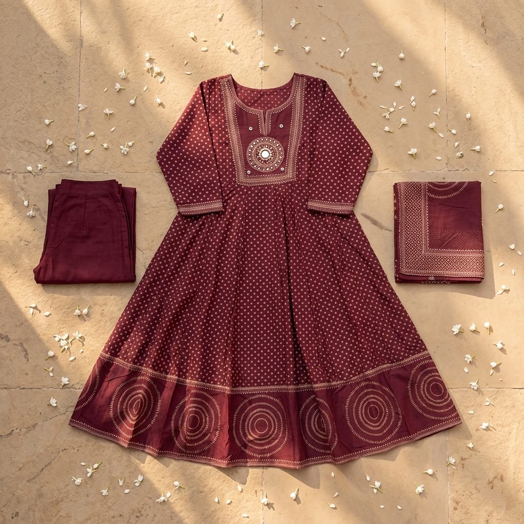 Brick Red Cotton Anarkali Salwar