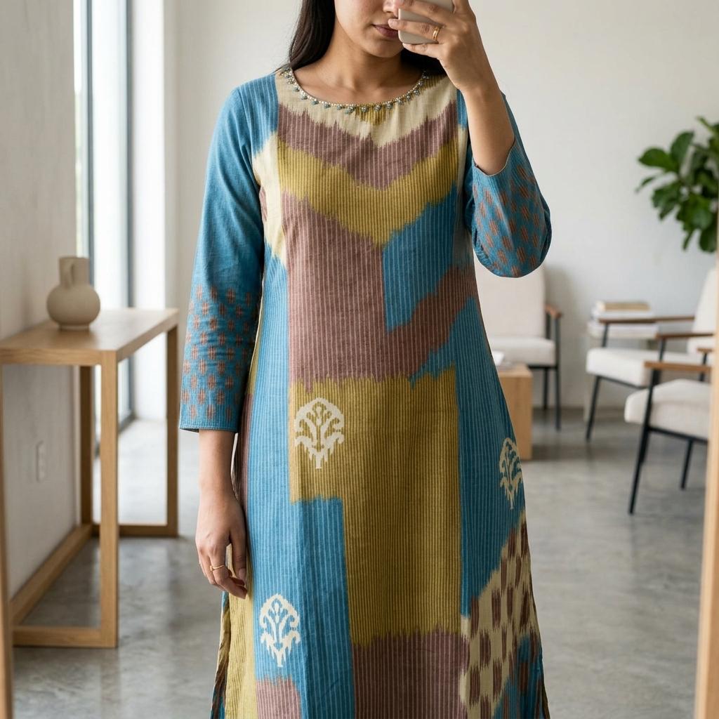 Blue Cotton Silk Kurti