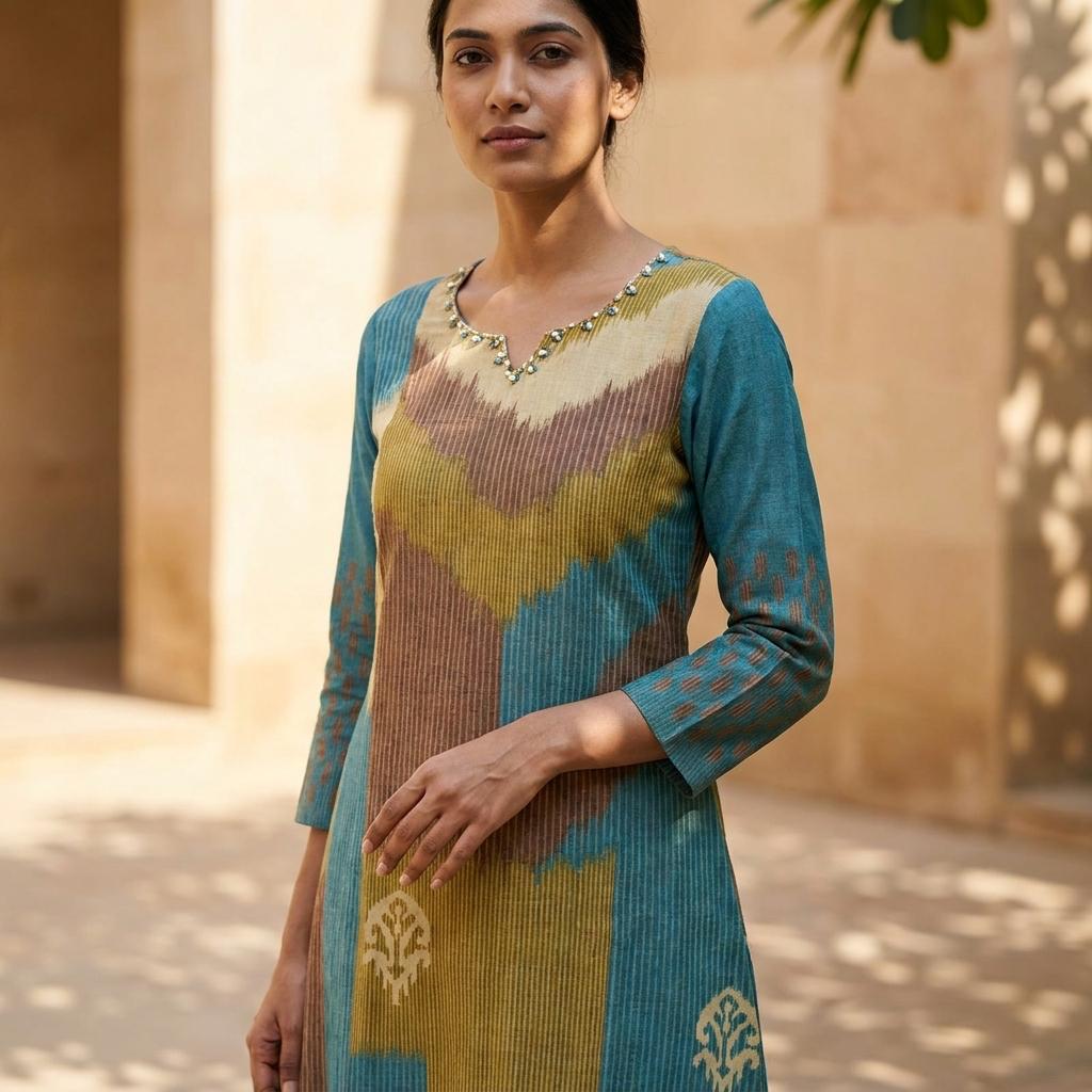 Blue Cotton Silk Kurti