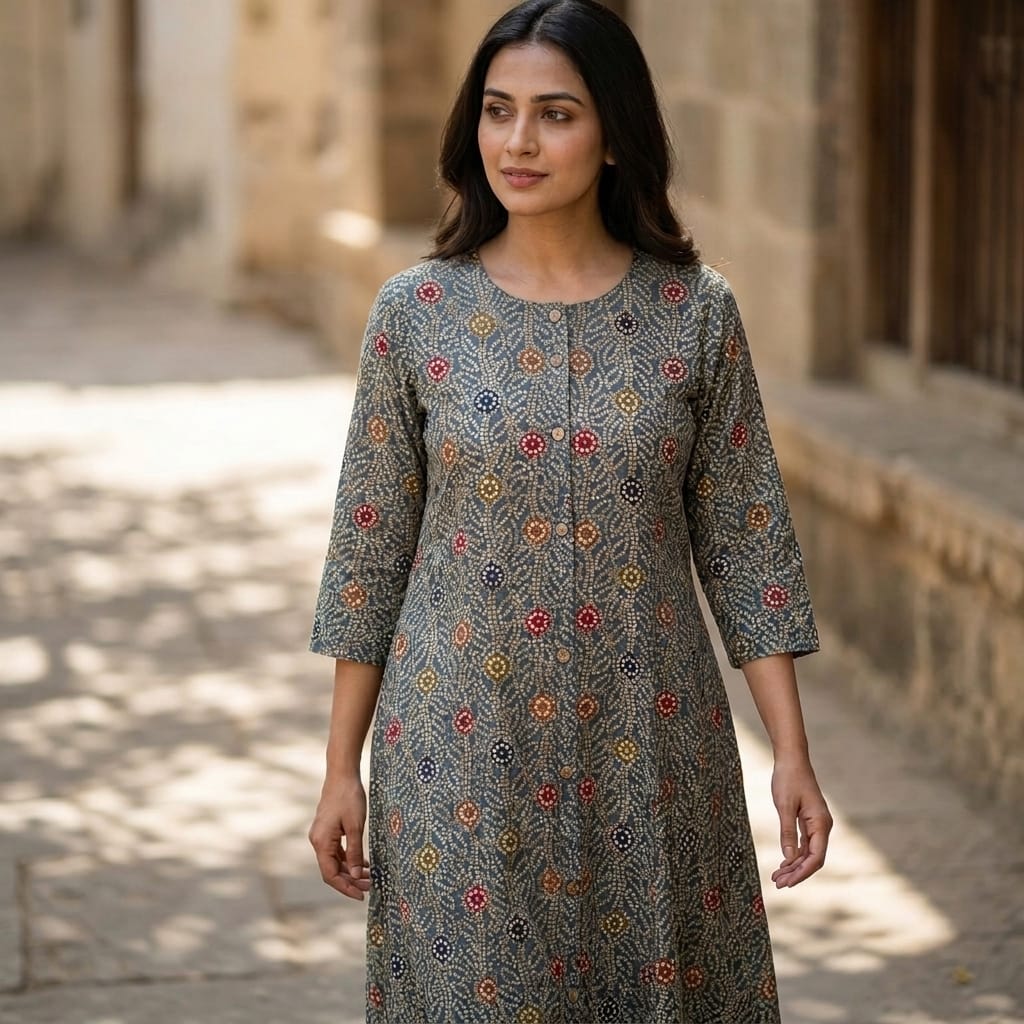 Olive Grey Cotton Silk Kurti