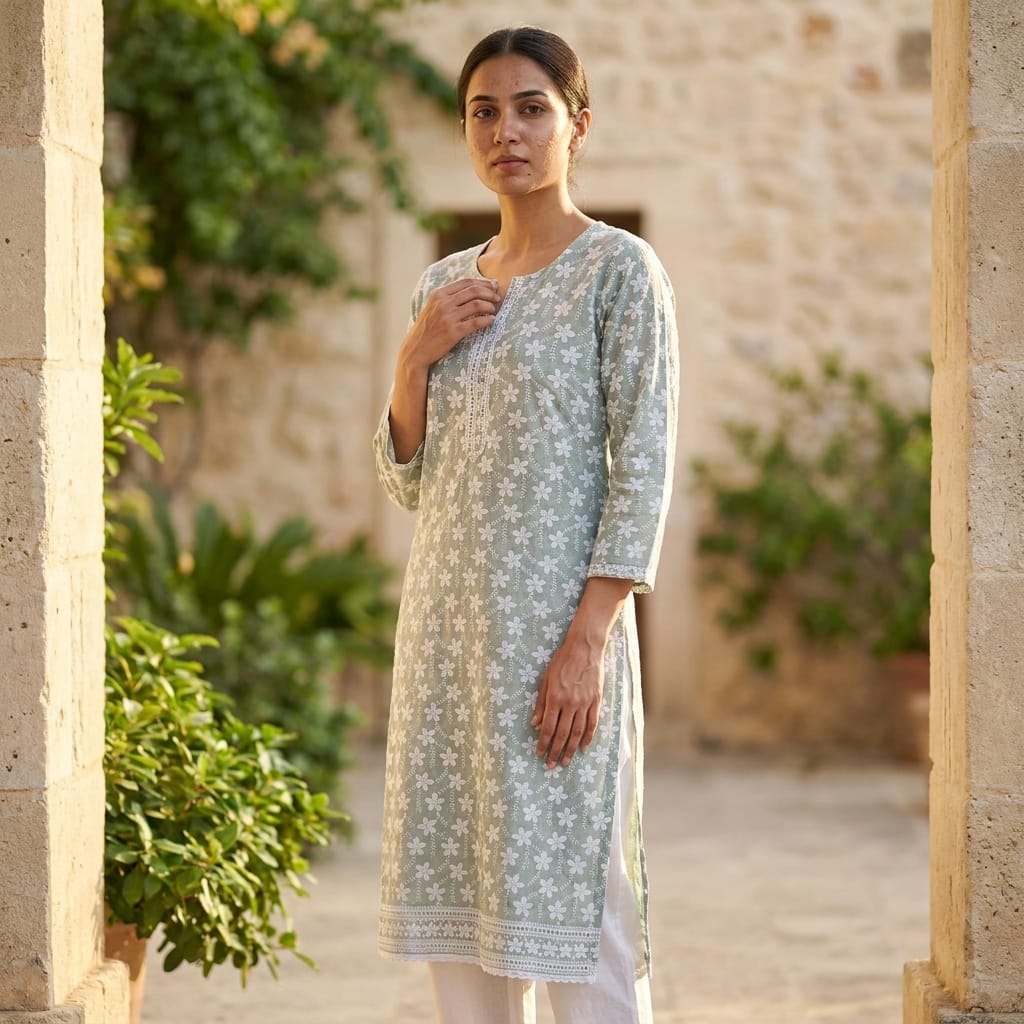 Olive Green Cotton Accoba Kurti