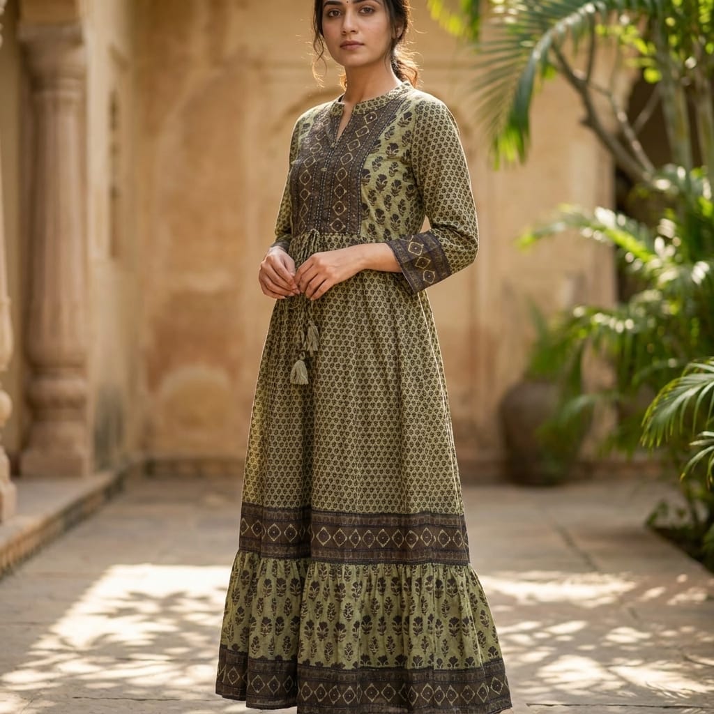 Olive Green Cotton Anarkali