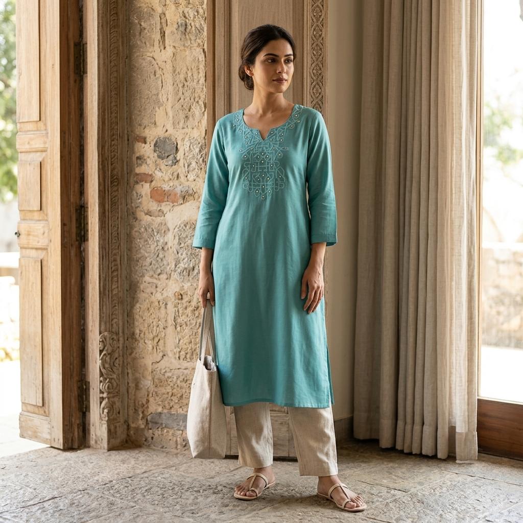 Blue Cotton Silk Kurti