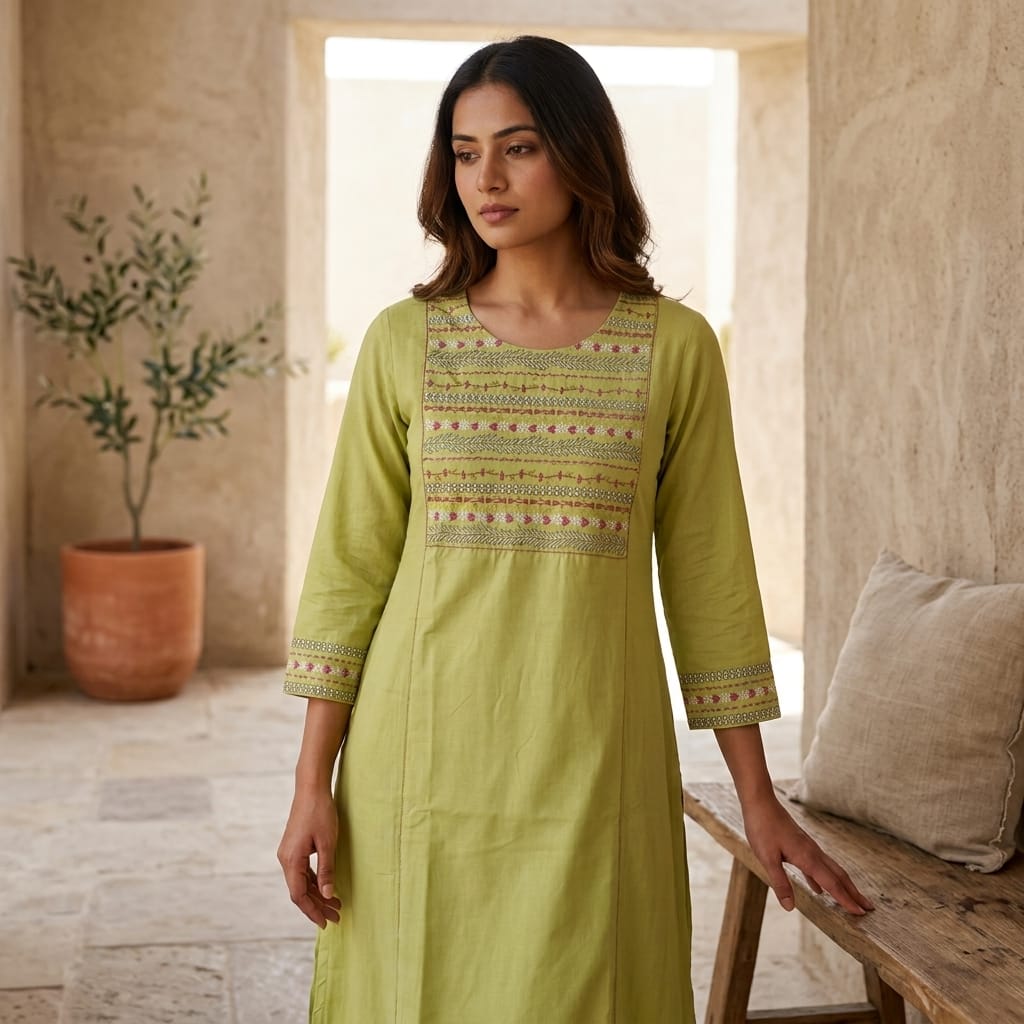 Close-up of intricate yoke detailing on olive green cotton kurti