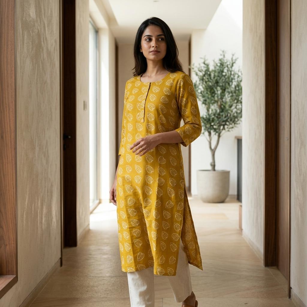 Yellow Cotton Silk Kurti